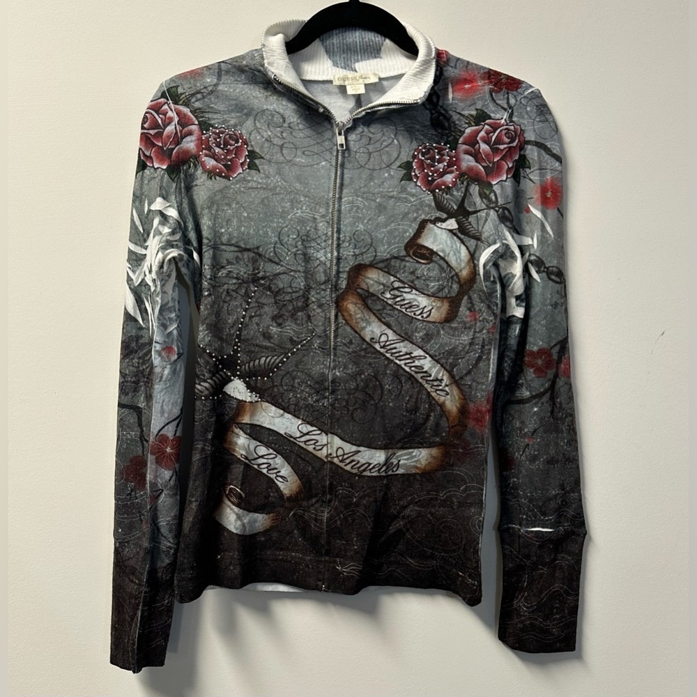 Y2K GUESS women's grey red rose rhinestone graphic full zip sweater, M.